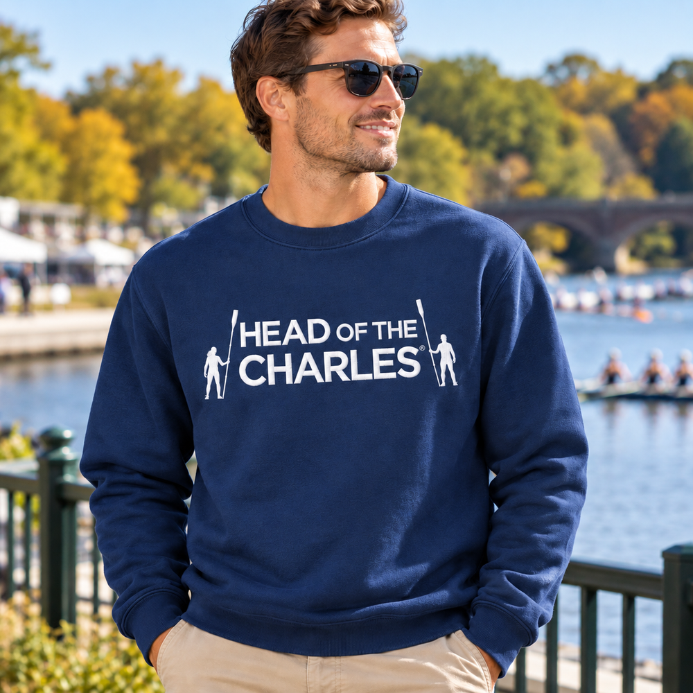 Head of the Charles Jumbo Embroidered Primary Logo Crewneck Sweatshirt in Use Outdoor Setting