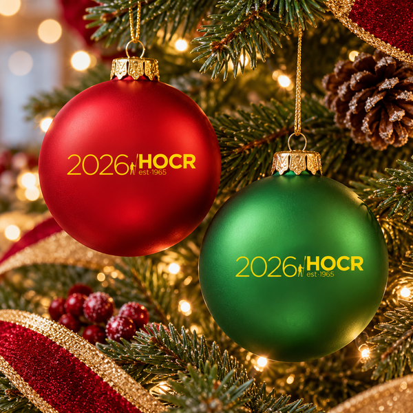 Head of the Charles 3-1/4" Diameter 2026 Annual Logo Sphere Christmas Ornament in Use on Christmas Tree