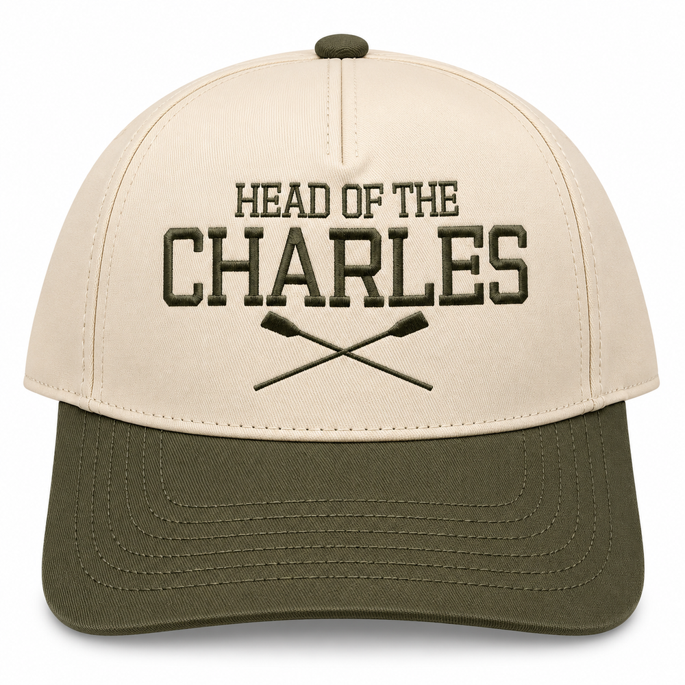 Head of the Charles Embroidered Logo with Crossed Oars 5-Panel Hat Cream / Green Brim and Logo Front View