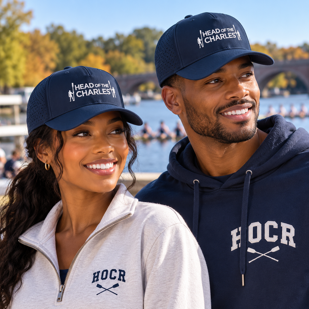 Head of the Charles Embroidered Primary Logo Aerated Performance Hat, Navy in Use Outdoor Setting