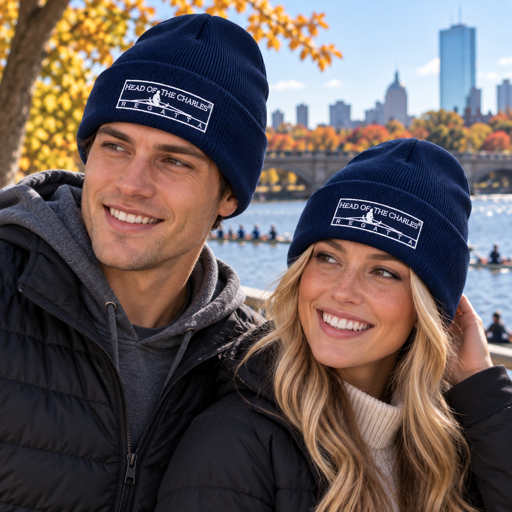 Head of the Charles Classic Embroidered Beanie Navy in Use - Outdoor Setting