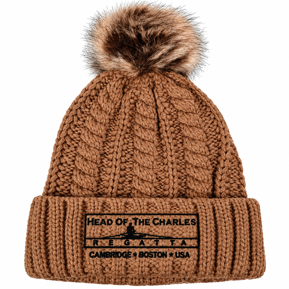 Head of the Charles Pom-Pom Cable Knit Beanie Brown Front View
