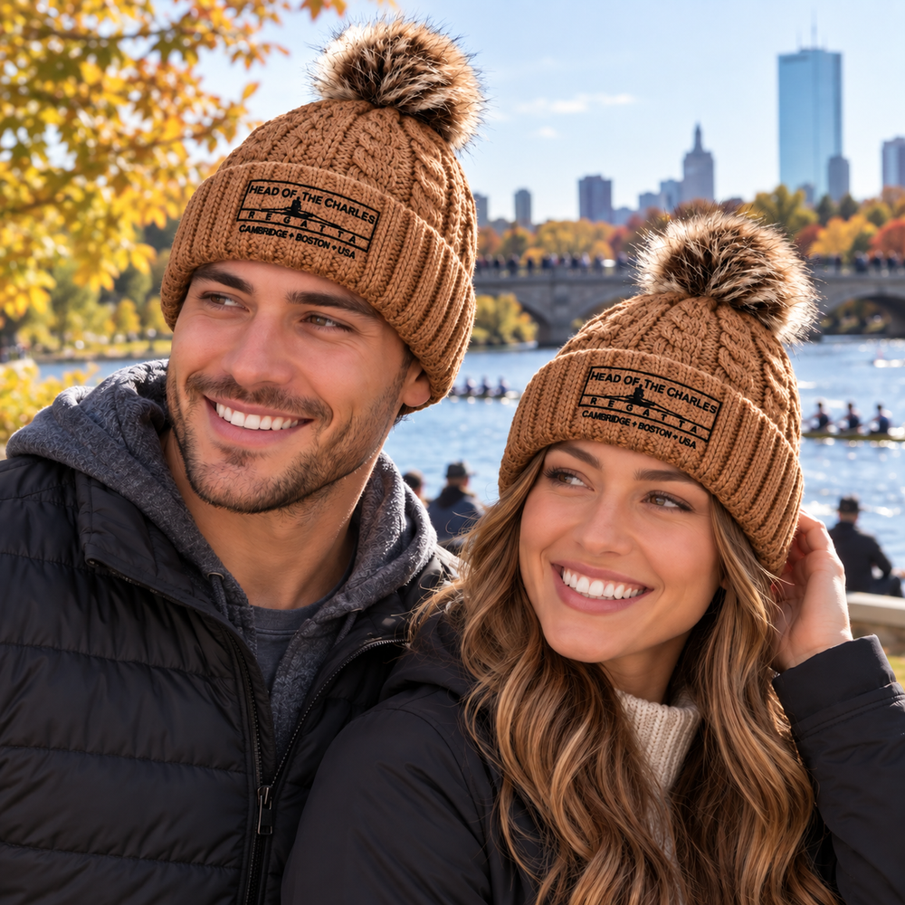 Head of the Charles Pom-Pom Cable Knit Beanie Brown in Use - Outdoor Setting