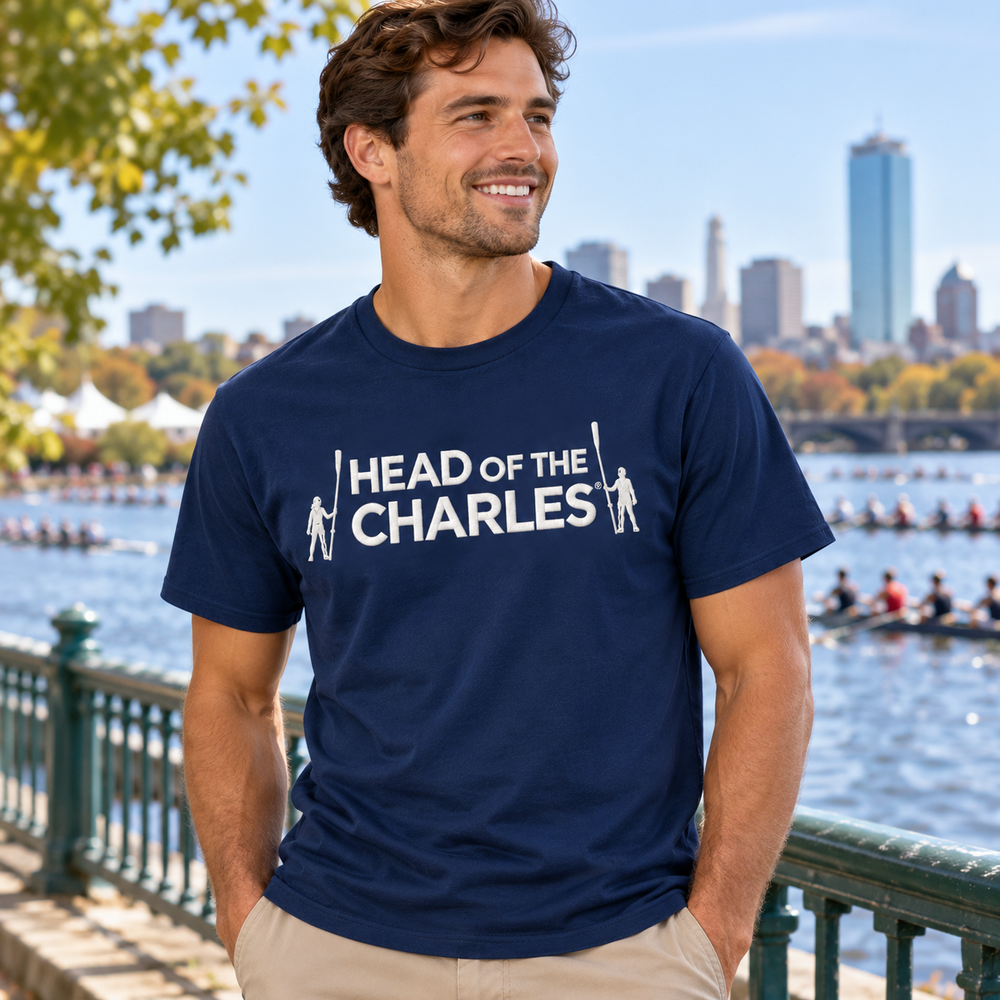 Head of the Charles Embroidered Vertical Logo Short Sleeve T-Shirt, Navy - In Use Outdoor Event