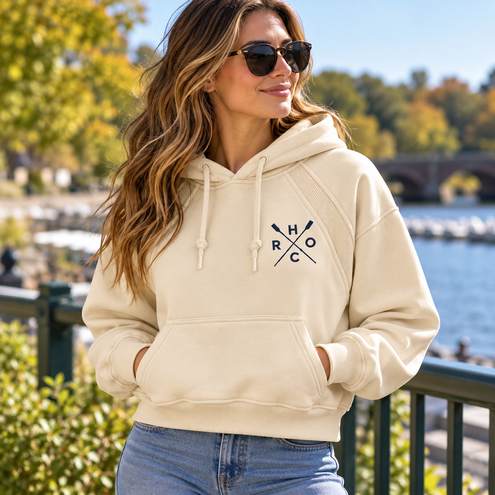 Head of the Charles Women Softstreme 1/4 Zip Crop Top Embroidered HOCR with Crossed Oars Hoodie, Cream in Use Outdoor Setting
